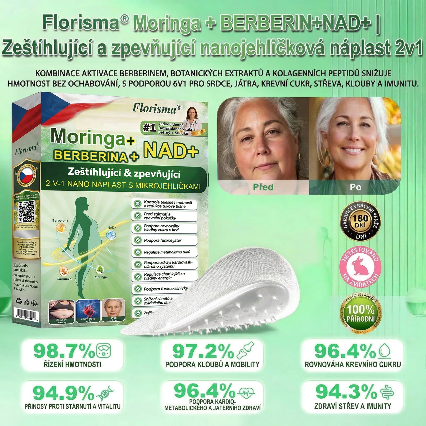 【Poslední den akce – sleva 80 %】✅ Florisma® Moringa + Berberin + NAD+ 2v1✨ Pokročilá náplast s nano-mikrojehličkami📦 7 náplastí v balení · zásoba na 1 týden